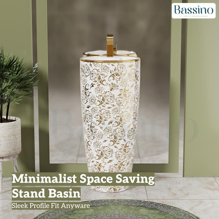 Premium Ceramic Pedestal Wash Basin, White Glossy (15 × 15 × 34 In) BPB-788
