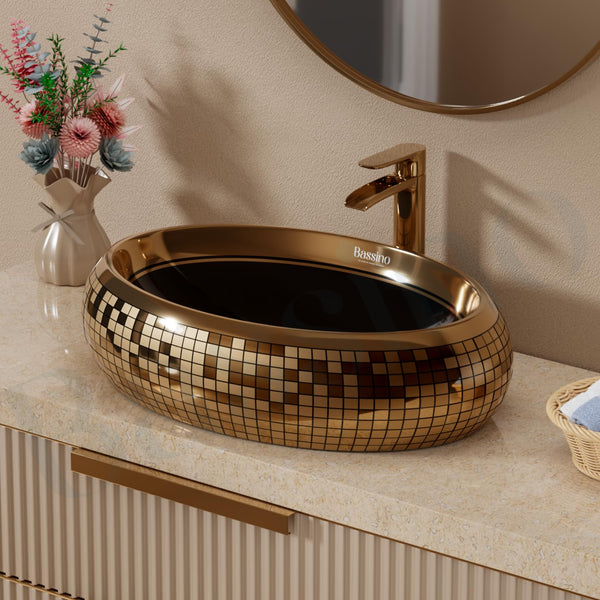 BASSINO Ceramic Wash Basin Black Rosegold Table Top Washbasin Countertop Vessel Sink for Bathroom Kitchen Dining Living Room Modern Ceramic Basin Solid Surface Installation 24x16x6 Inch (BTT-11308)