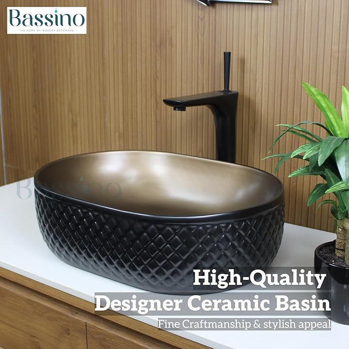 Premium Black Brown Ceramic Table Top Basin (20x14x6 In) BTT-11079
