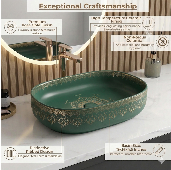 Designer Ceramic Wash Basin Moroccan design | 21 x 14 x 6 In | Green