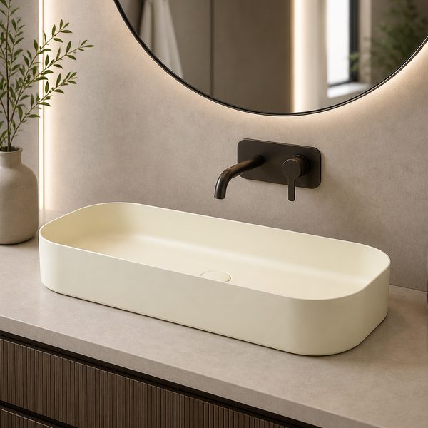 Bassino Modern Melamine Wash Basin | Stylish Countertop Wash Basin for Bathroom–32x14x5 INCH Beige