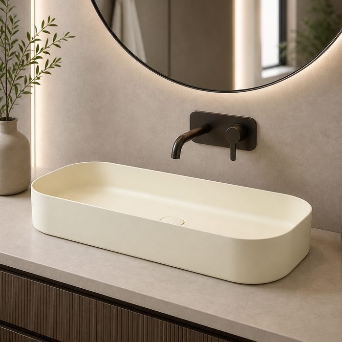 Bassino Modern Melamine Wash Basin | Stylish Countertop Wash Basin for Bathroom–32x14x5 INCH Beige