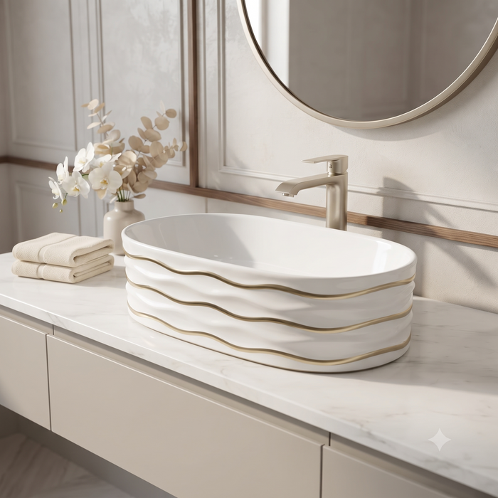 White Ceramic Table Top Wash Basin with Gold Wave Design – Glossy Oval Designer Countertop Basin for Modern Bathrooms | 20x12x6 Inch