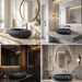 Black artificial stone oval table top wash basin 600x400x150 mm with rough natural rock textured exterior and smooth black interior, luxury designer countertop bathroom sink with modern styling and product dimensions.