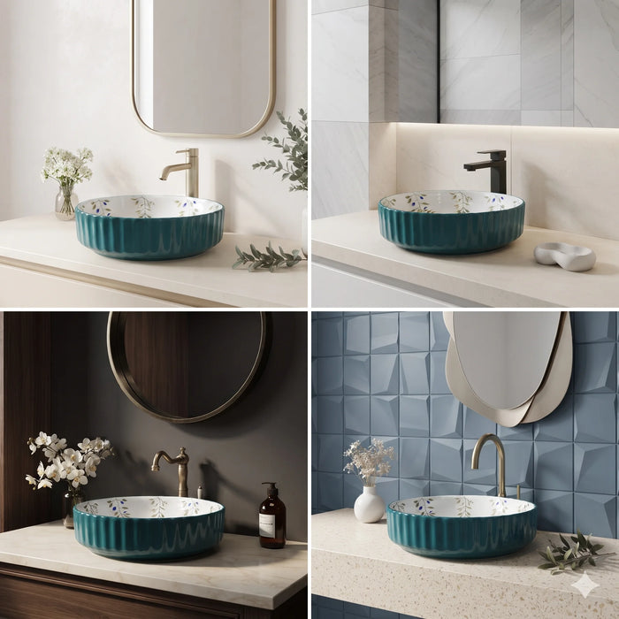 Teal green floral design round ceramic table top wash basin 400x400x120 mm featuring glossy ribbed exterior, white interior with elegant blue and olive botanical leaf patterns, luxury designer countertop bathroom sink.