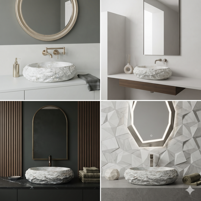 White artificial stone oval table top wash basin 600x400x150 mm with natural rough rock textured exterior, smooth marble-inspired interior and subtle beige veining, luxury designer countertop bathroom sink for modern bathrooms.