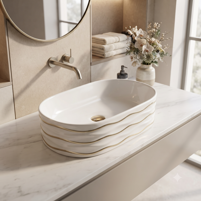 White Ceramic Table Top Wash Basin with Gold Wave Design – Glossy Oval Designer Countertop Basin for Modern Bathrooms | 20x12x6 Inch