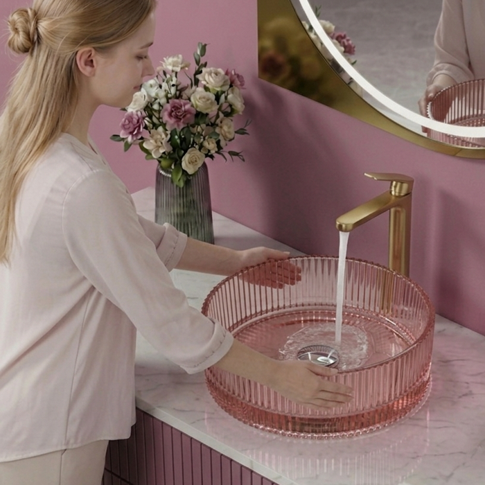 Bassino Modern Transparent Glass Wash Basin | Stylish Countertop Wash Basin for Bathroom–395x395x160 mm Rose gold