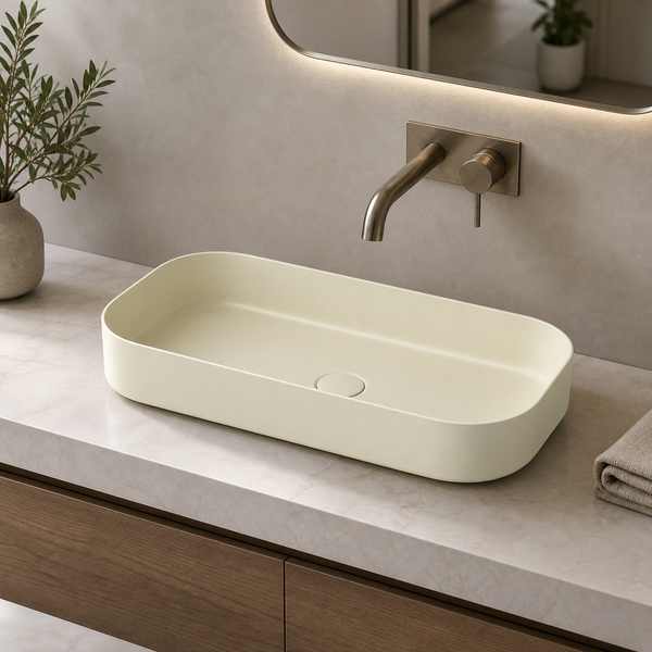 Bassino Modern Melamine Wash Basin | Stylish Countertop Wash Basin for Bathroom–32x14x5 INCH Beige