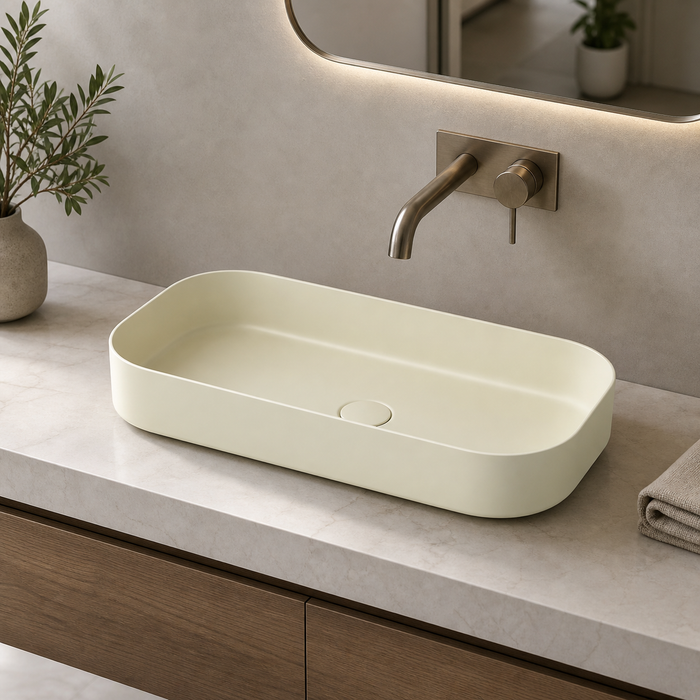 Bassino Modern Melamine Wash Basin | Stylish Countertop Wash Basin for Bathroom–32x14x5 INCH Beige