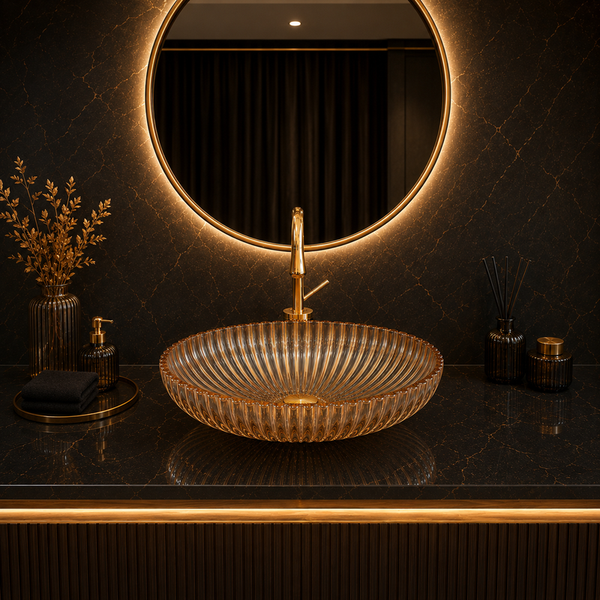 Premium Glass Table Top Wash Basin, Transparent Finish (530x350x150 MM) Rose gold