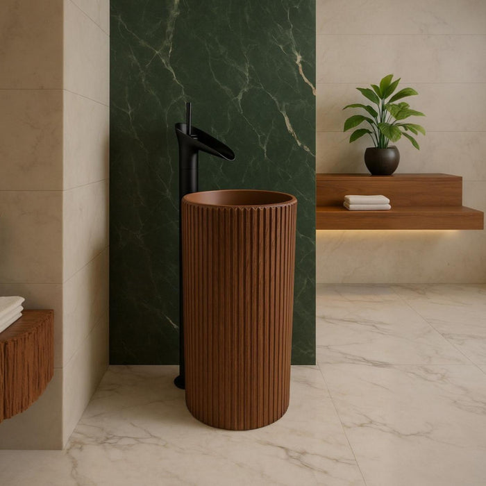Bassino Wooden Texture Pedestal Basin – Artificial Stone (18×18×36 inch)
