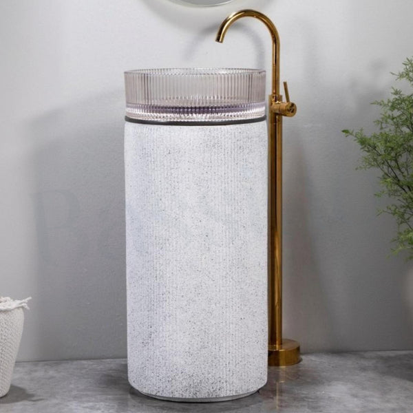 Glass Pedestal Wash Basin,size-16x16x34 Inch, White Sand Stone