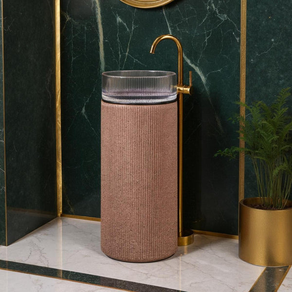 Glass Pedestal Wash Basin,size-16x16x34 Inch, Brown Sand Stone