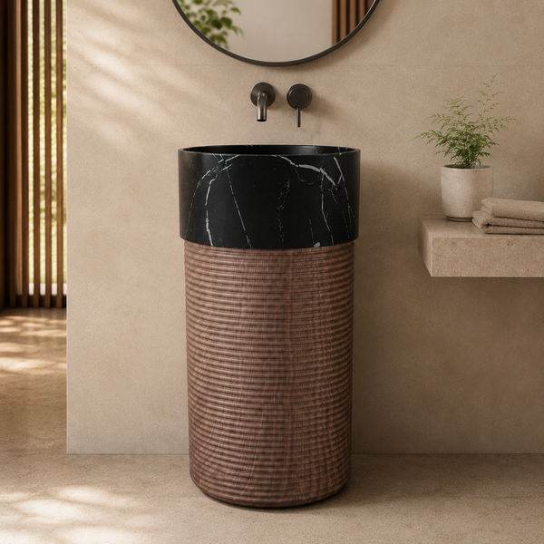 Bassino Artificial Stone Pedestal Basin – Black Marble & Wooden Texture | 46×46×86 cm (18×18×33 Inch)