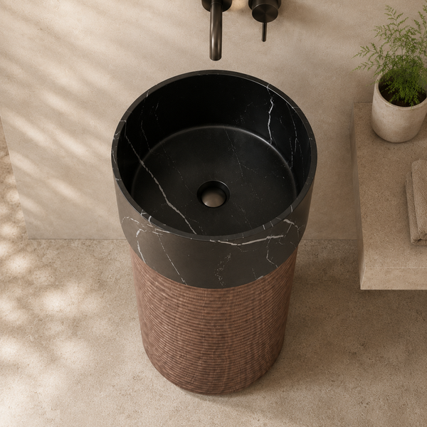 Bassino Artificial Stone Pedestal Basin – Black Marble & Wooden Texture | 46×46×86 cm (18×18×33 Inch)
