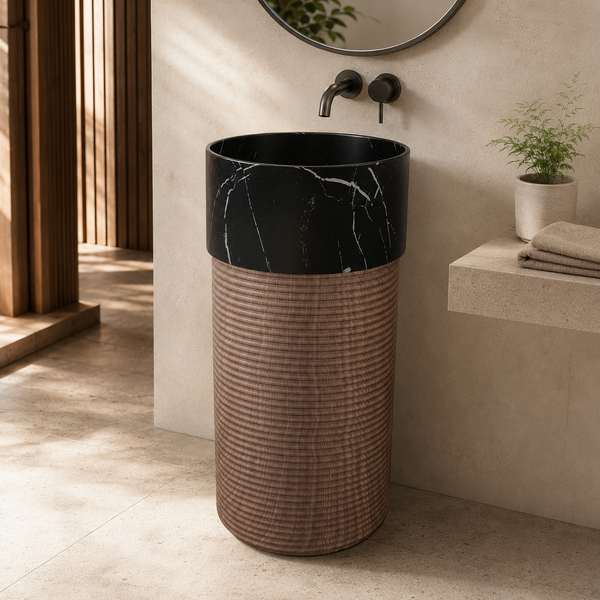 Bassino Artificial Stone Pedestal Basin – Black Marble & Wooden Texture | 46×46×86 cm (18×18×33 Inch)