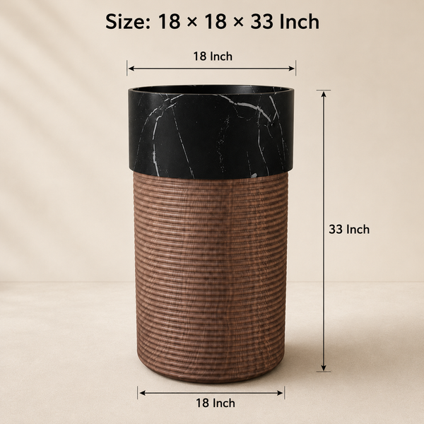 Bassino Artificial Stone Pedestal Basin – Black Marble & Wooden Texture | 46×46×86 cm (18×18×33 Inch)