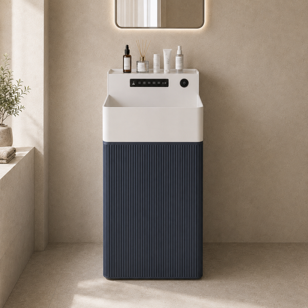 Bassino Artificial Stone Rectangle Pedestal Basin – White Marble & Blue Wooden Texture | 41×41×86 cm (16×16×34 Inch)