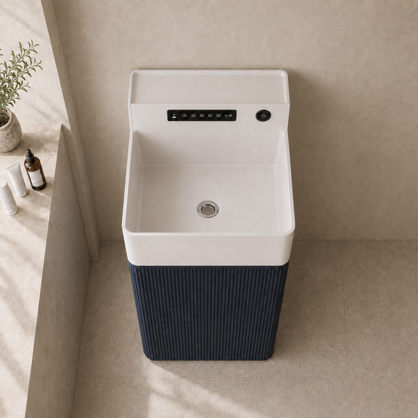Bassino Artificial Stone Rectangle Pedestal Basin – White Marble & Blue Wooden Texture | 41×41×86 cm (16×16×34 Inch)