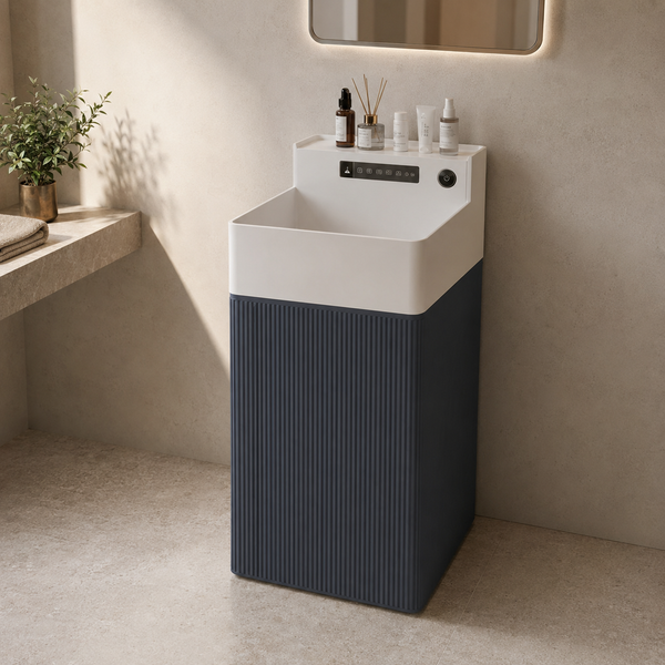 Bassino Artificial Stone Rectangle Pedestal Basin – White Marble & Blue Wooden Texture | 41×41×86 cm (16×16×34 Inch)