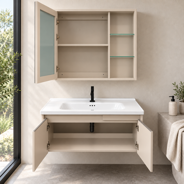 BASSINO Bathroom Vanity Cabinet Set – 32″ Wall Mounted Plywood Vanity with Ceramic Basin & LED Mirror Cabinet