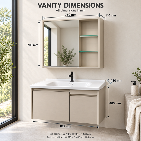 BASSINO Bathroom Vanity Cabinet Set – 32″ Wall Mounted Plywood Vanity with Ceramic Basin & LED Mirror Cabinet