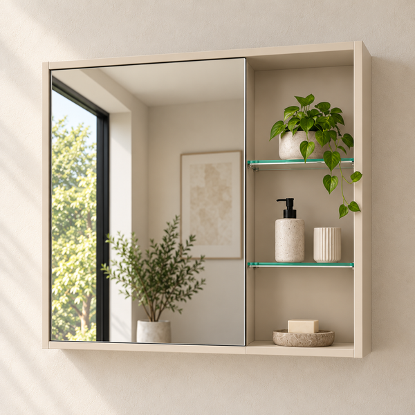BASSINO Bathroom Vanity Cabinet Set – 32″ Wall Mounted Plywood Vanity with Ceramic Basin & LED Mirror Cabinet