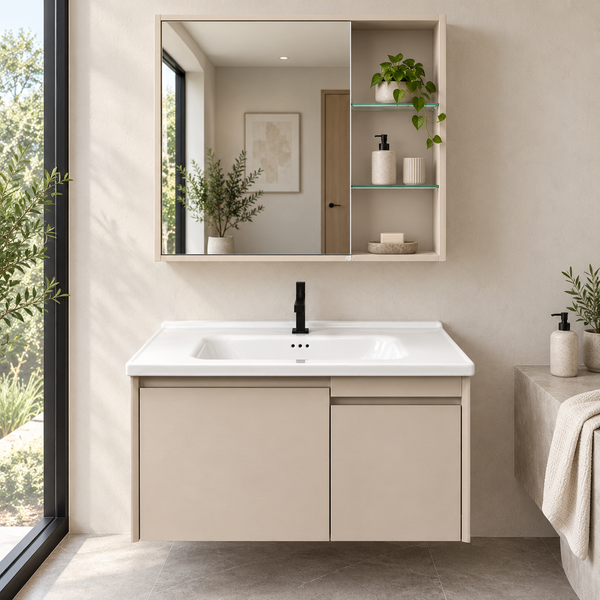BASSINO Bathroom Vanity Cabinet Set – 32″ Wall Mounted Plywood Vanity with Ceramic Basin & LED Mirror Cabinet