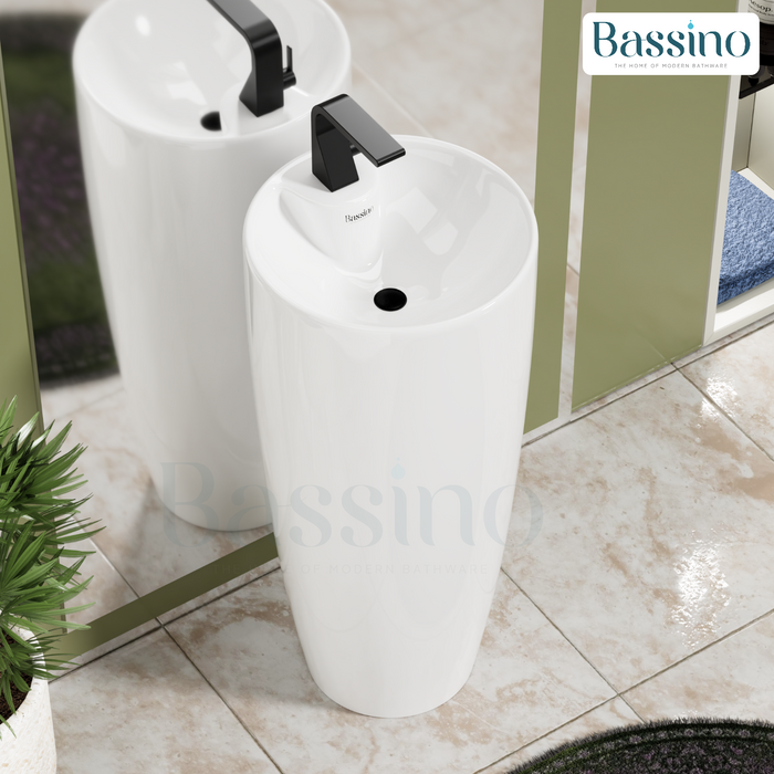 Premium Ceramic Pedestal Wash Basin, White Finish (15 × 15 × 34 In) BPB-751-IN