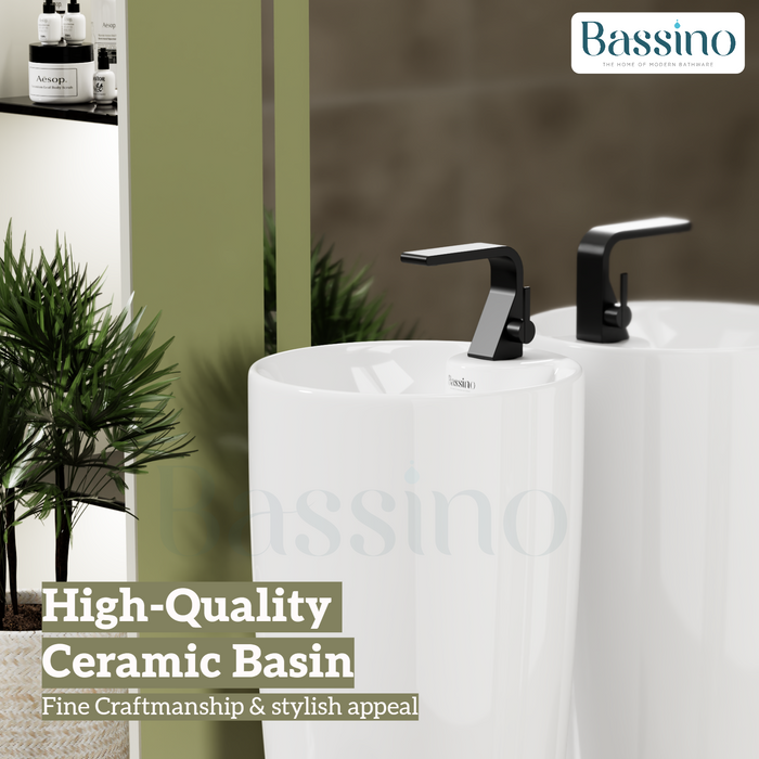 Premium Ceramic Pedestal Wash Basin, White Finish (15 × 15 × 34 In) BPB-751-IN