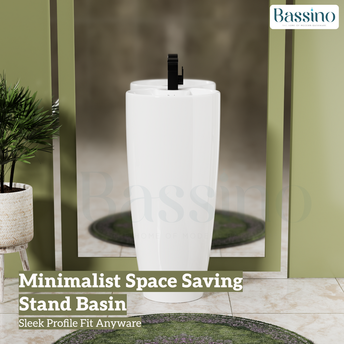 Premium Ceramic Pedestal Wash Basin, White Finish (15 × 15 × 34 In) BPB-751-IN