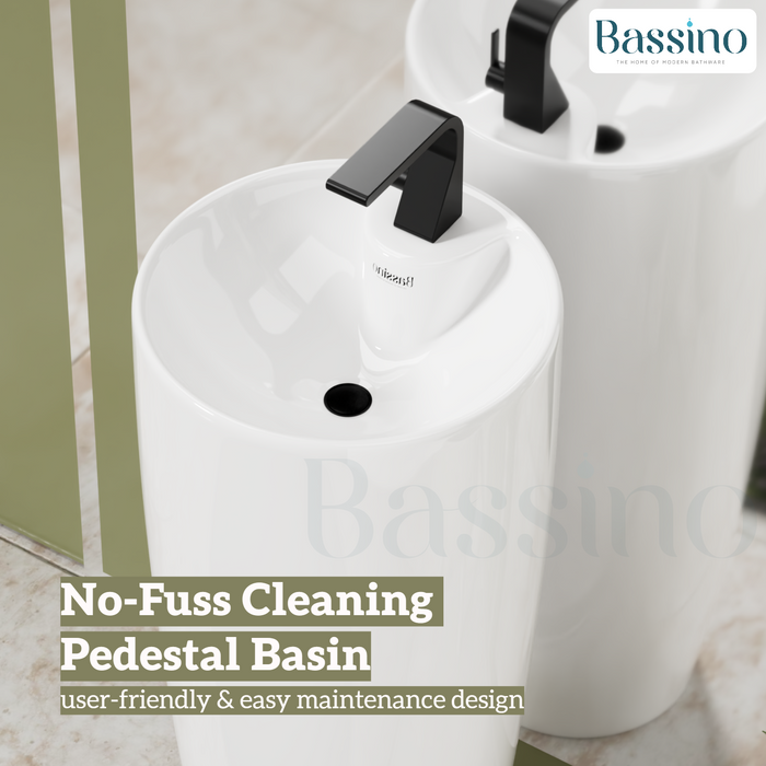 Premium Ceramic Pedestal Wash Basin, White Finish (15 × 15 × 34 In) BPB-751-IN