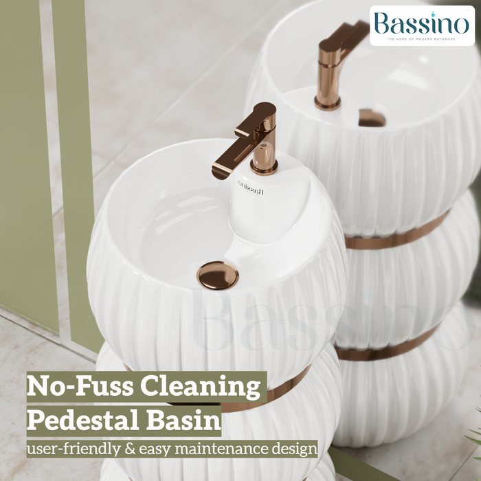 Premium Ceramic Pedestal Wash Basin, White Finish (16 × 16 × 33 In) BPB-770