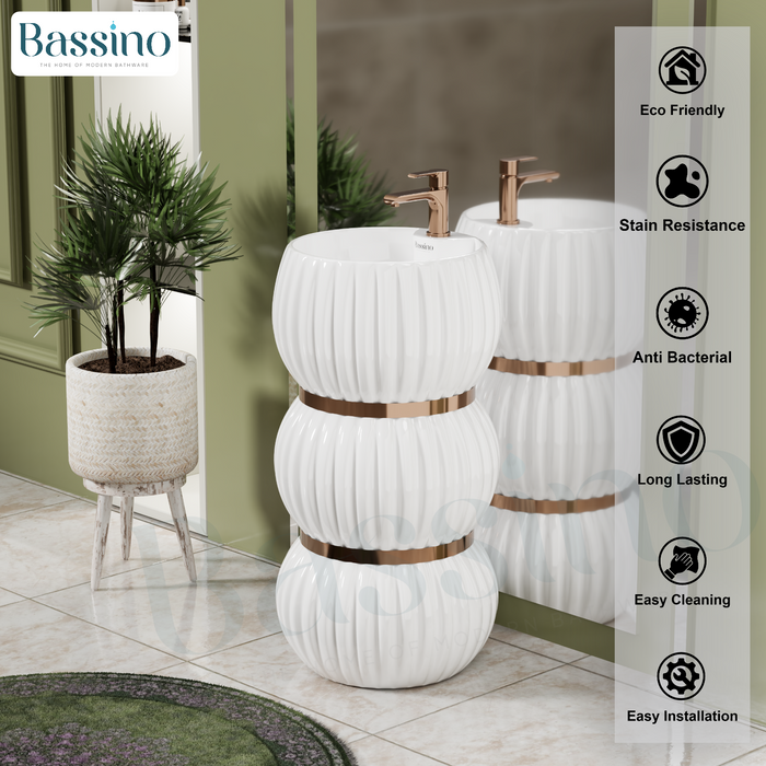 Premium Ceramic Pedestal Wash Basin, White Finish (16 × 16 × 33 In) BPB-770