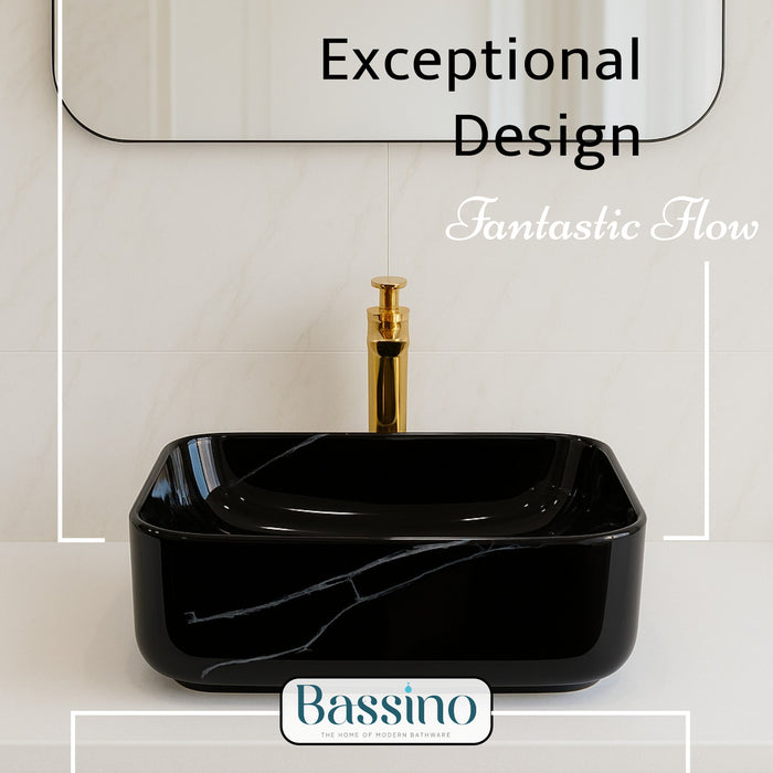 Premium Ceramic Table Top Wash Basin, Black Marble Glossy (16 × 12 × 5.5 In) BTT-660-IN