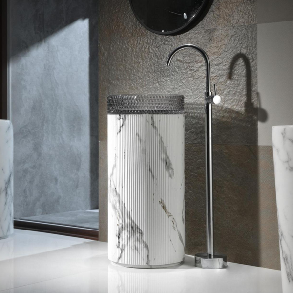 Glass Pedestal Wash Basin,size-16x16x34 Inch, White Satvario