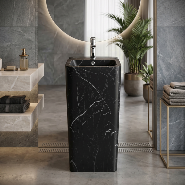 Bassino 15.7" Black Marble Pedestal Basin – Freestanding Square Bathroom Sink with Veined Stone Finish (15.7" W x 33.1" H)