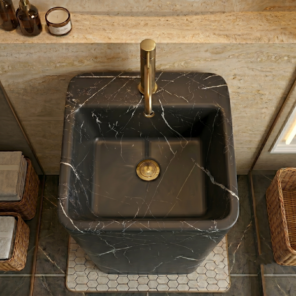 Bassino 15.7" Black Marble Pedestal Basin – Freestanding Square Bathroom Sink with Veined Stone Finish (15.7" W x 33.1" H)