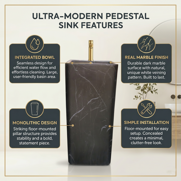 Bassino 15.7" Black Marble Pedestal Basin – Freestanding Square Bathroom Sink with Veined Stone Finish (15.7" W x 33.1" H)
