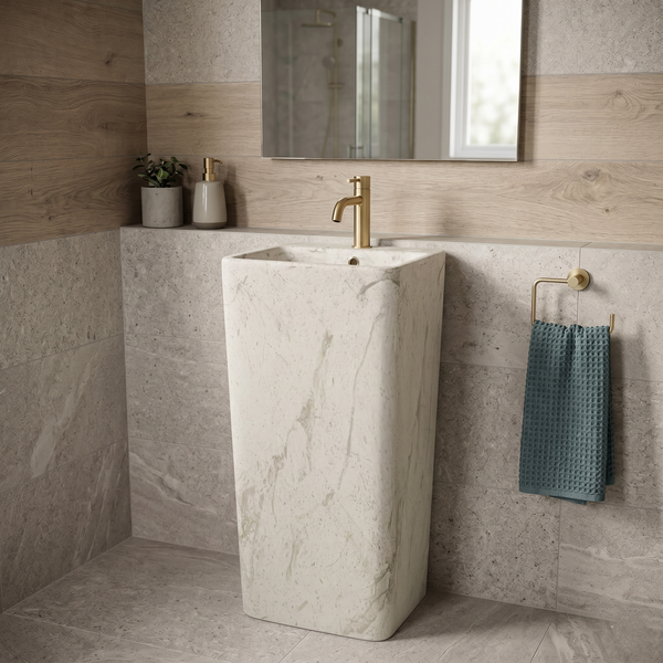 Bassino White Marble Pedestal Basin – Freestanding Square Bathroom Sink with Stone-Inspired Finish (15.7" W x 33.1" H)