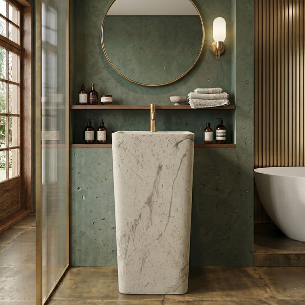 Bassino White Marble Pedestal Basin – Freestanding Square Bathroom Sink with Stone-Inspired Finish (15.7" W x 33.1" H)