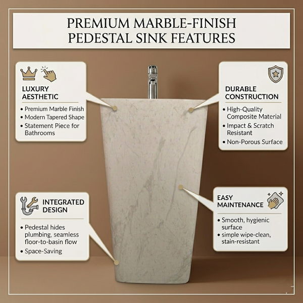 Bassino White Marble Pedestal Basin – Freestanding Square Bathroom Sink with Stone-Inspired Finish (15.7" W x 33.1" H)
