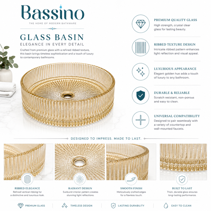 Bassino 16" Luxury Ribbed Glass Countertop Wash Basin