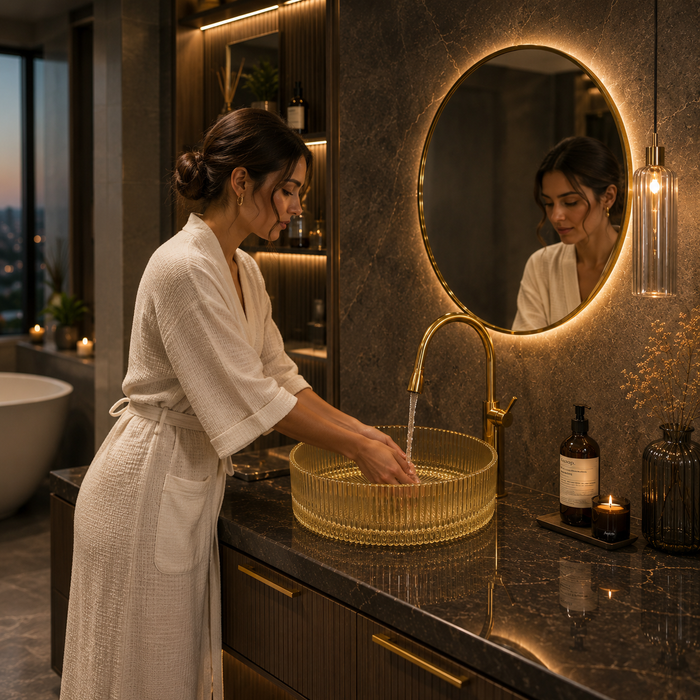 Bassino 16" Luxury Ribbed Glass Countertop Wash Basin