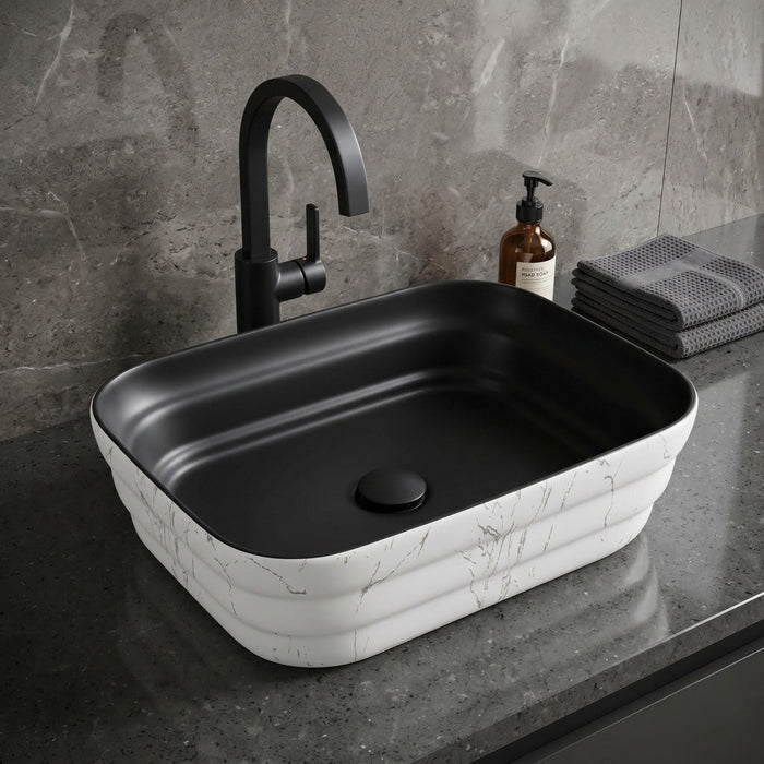 Bassino 20" Black & White Marble Effect Ceramic Countertop Wash Basin