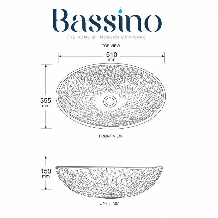 Bassino 510 x 355 x 150 mm clear textured glass table top wash basin, 20 inch oval designer countertop basin for modern luxury bathrooms