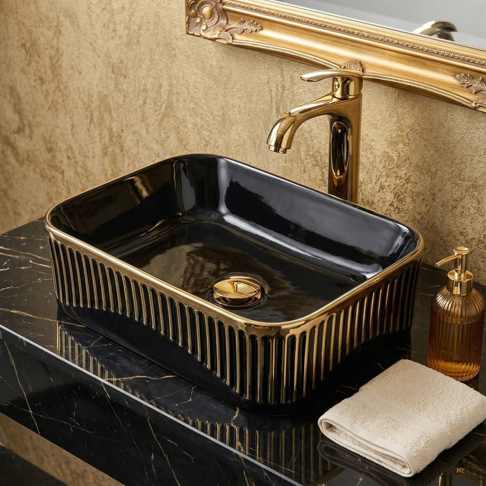 Bassino Black & Gold Ceramic Countertop rectangle Wash Basin 