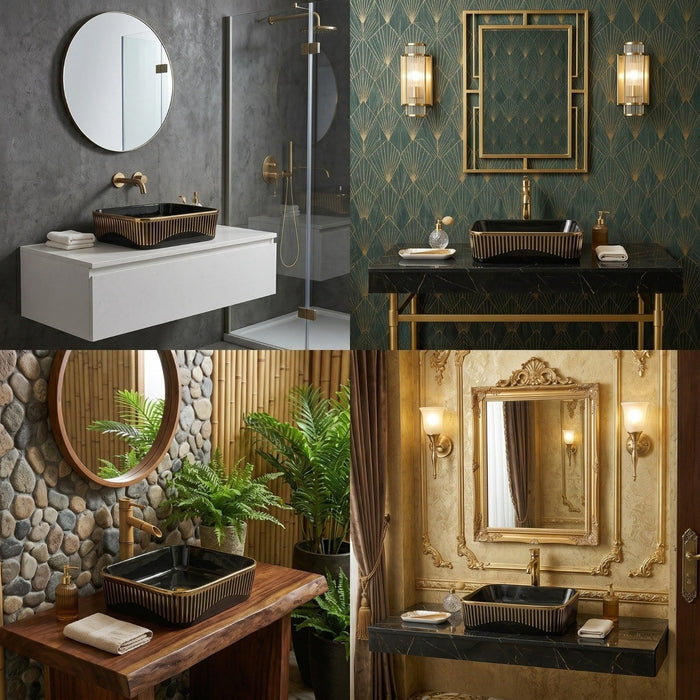 Bassino Black & Gold Ceramic Countertop rectangle Wash Basin 