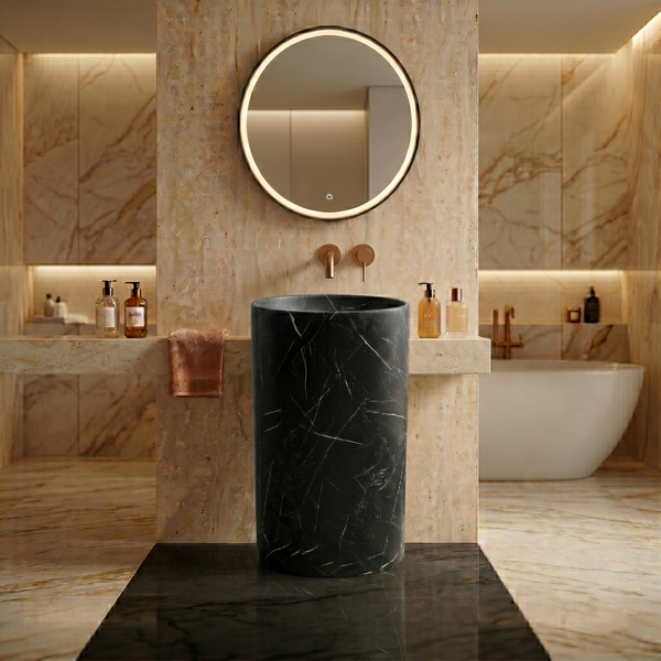 Bassino Black Marble Effect Pedestal Basin – Luxury Freestanding Oval Wash Basin (19.7" x 14.2" x 32.3")